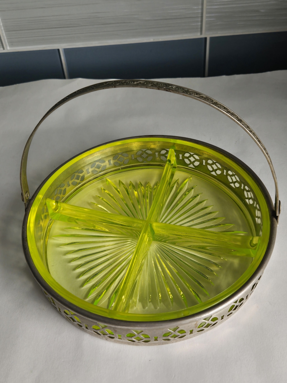 Vintage Yellow Vaseline Uranium Divided Glass Server with Metal Basket